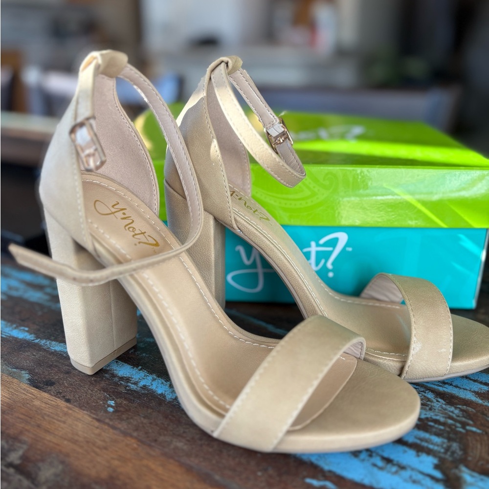 Cream Block Heel Open-Toe Sandals with Ankle Strap